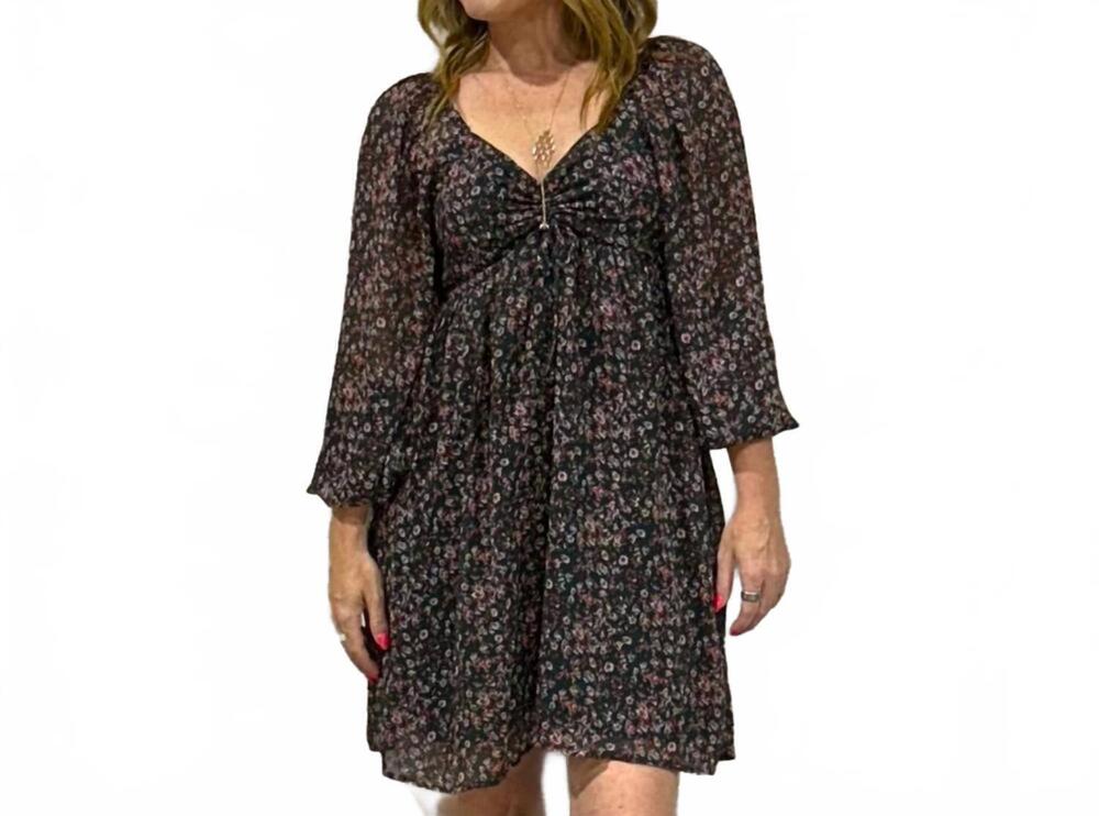 NEW LITTLE DAISY CLOSET the fieldlight ruched floral mini dress in dark green